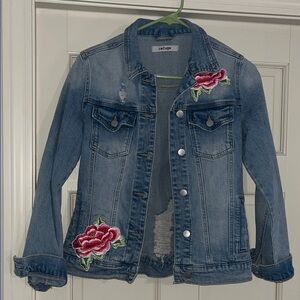 Refuge Blue Denim Jacket with Pink Floral Accents
